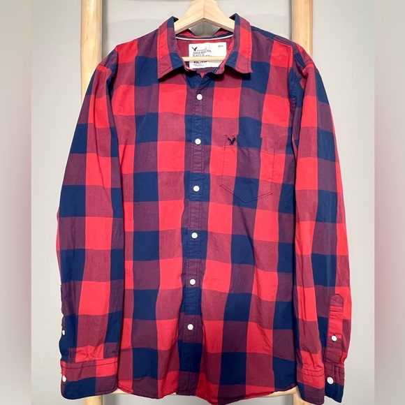 ✨American Eagle XXL Red/Blue buffalo check button down long sleeve poplin - Picture 2 of 9